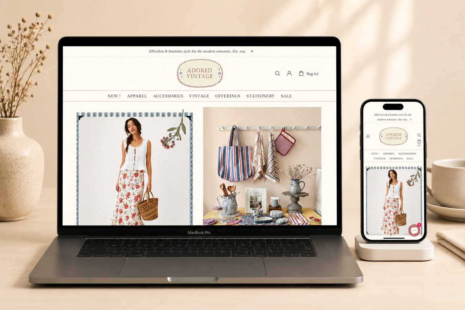Adored Vintage ecommerce website mockup on laptop and phone