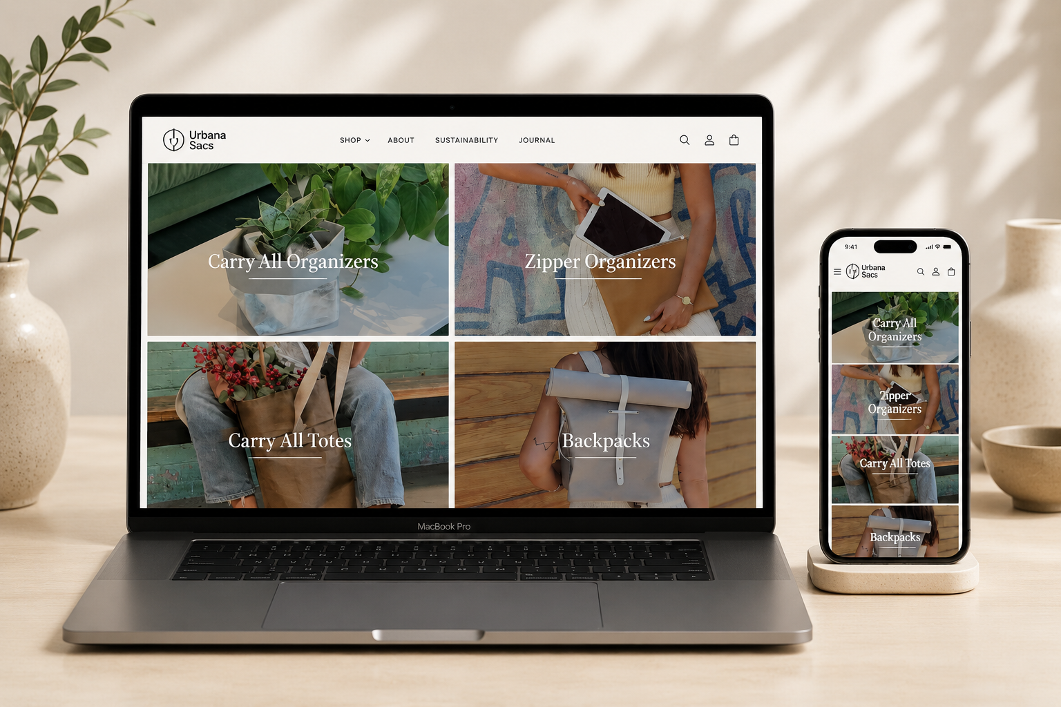 Urbana Sacs ecommerce mockup shown on desktop and mobile