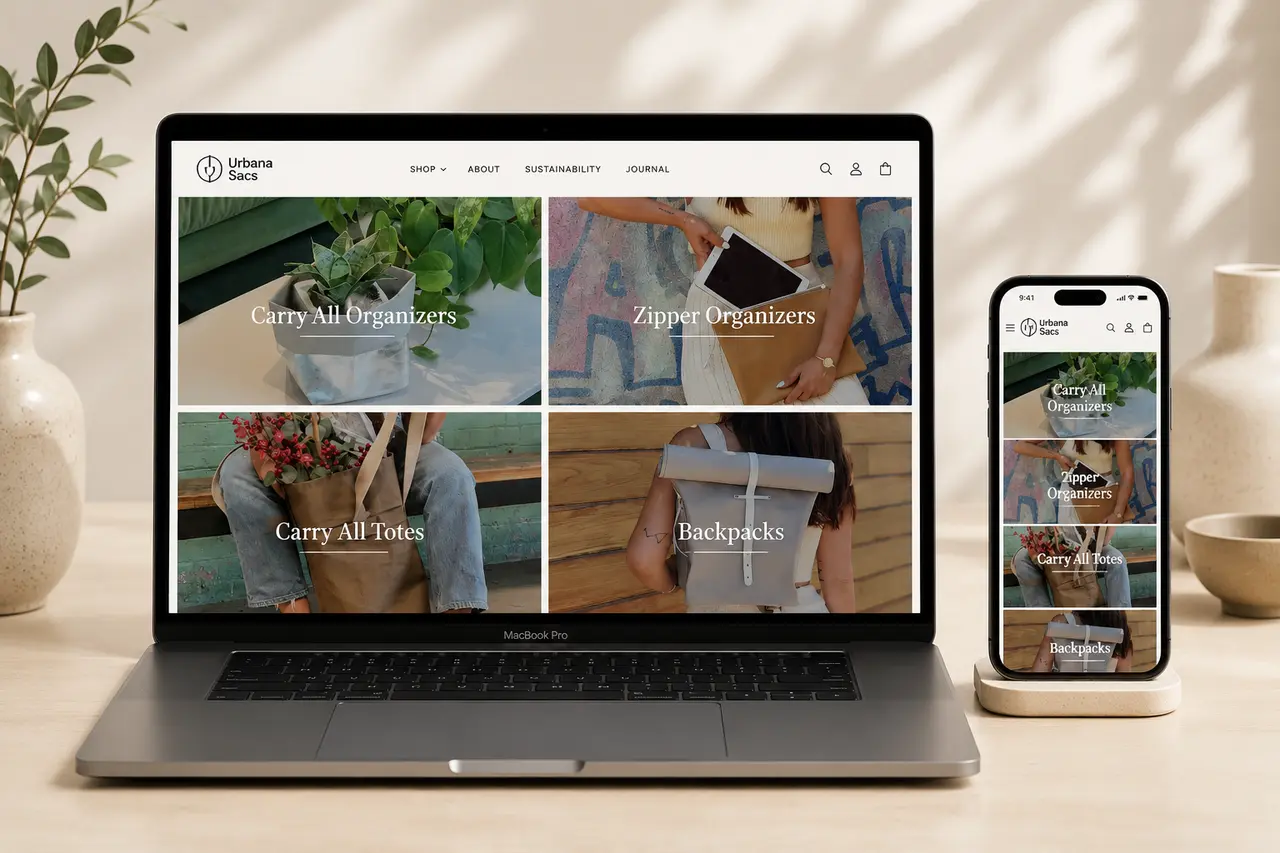 Urbana Sacs retail ecommerce store displayed on laptop and mobile
