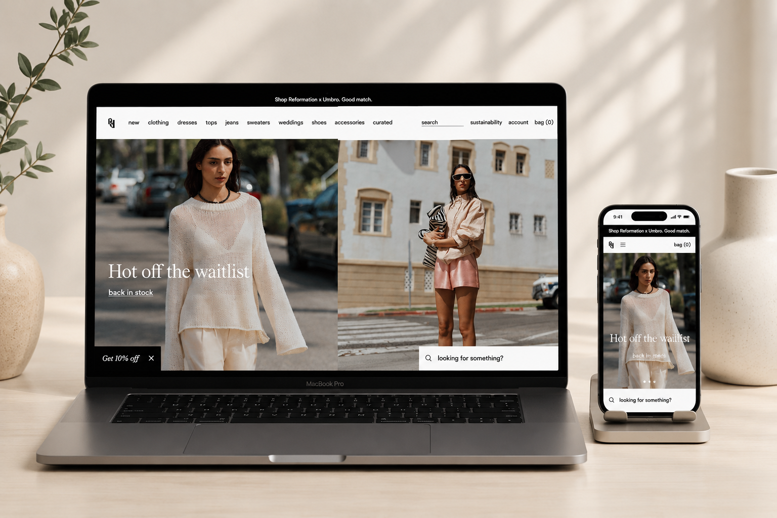 Fashion ecommerce homepage mockup shown on desktop and mobile