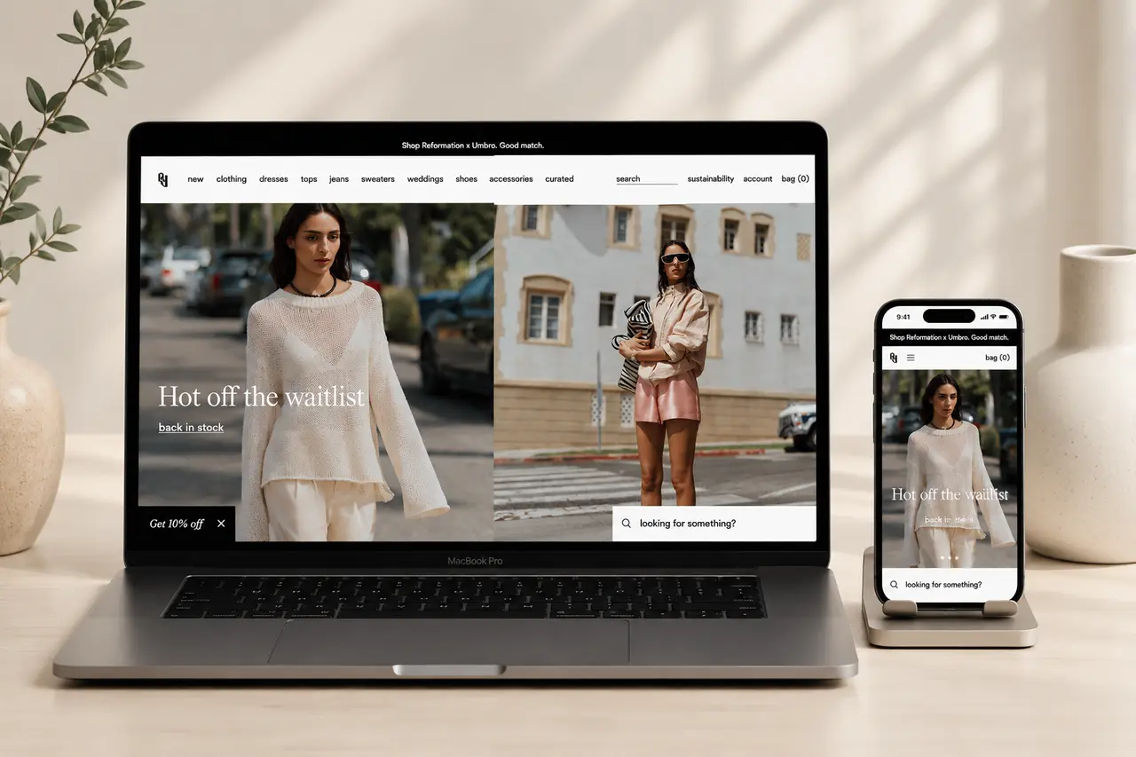 Modern fashion ecommerce homepage displayed on laptop and mobile