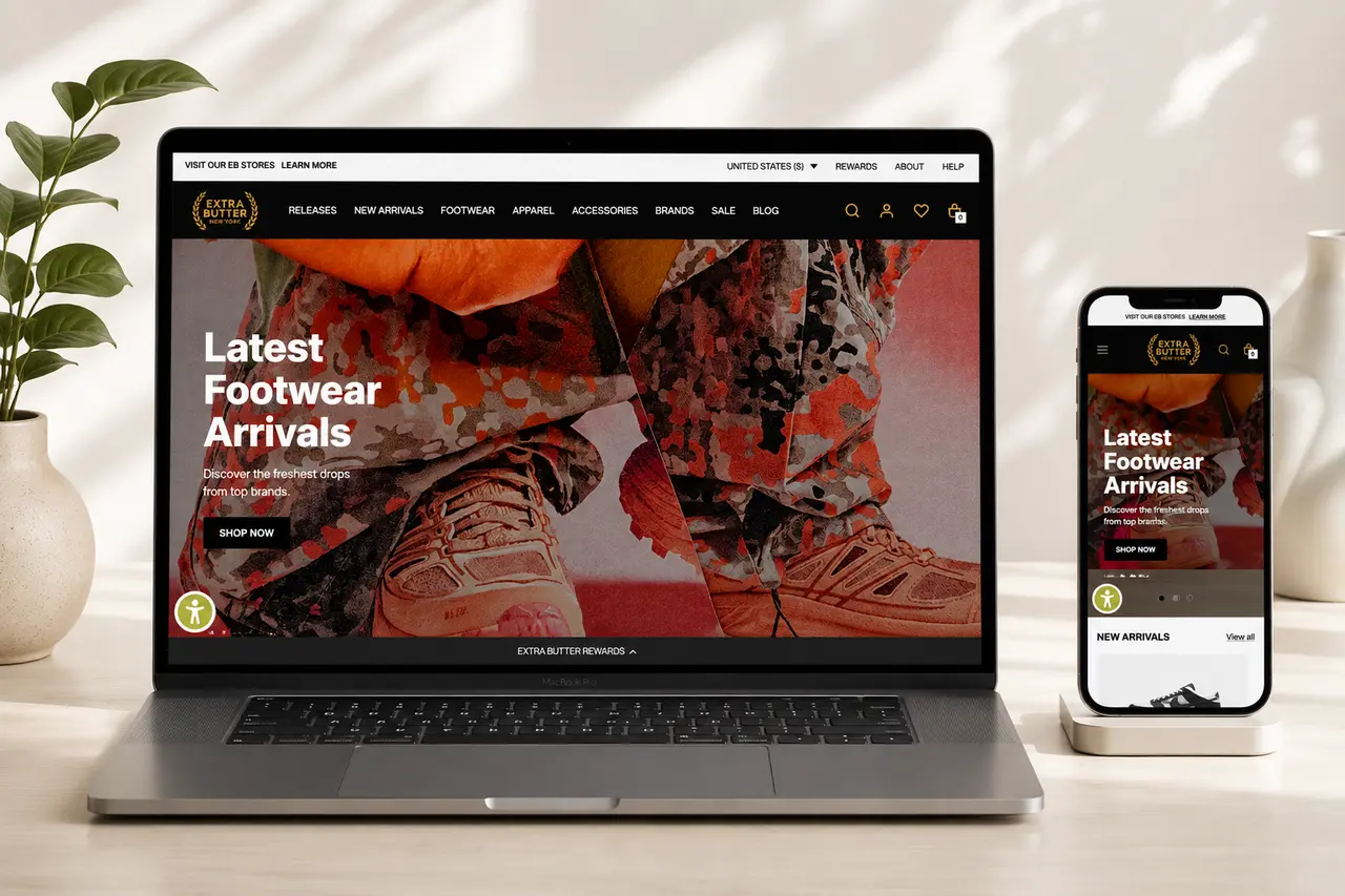 Footwear Shopify storefront displayed on laptop and mobile