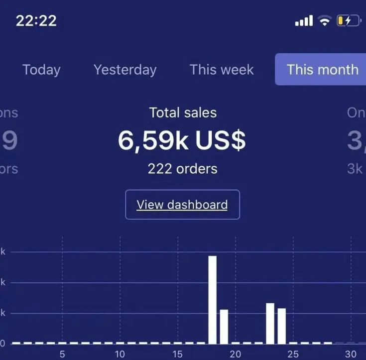 Monthly sales dashboard showing 6.59 thousand US dollars from 222 orders